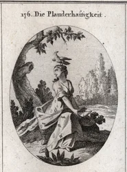 Babel-Allegorie. Ihr Gewand ist mit Zikaden und Zungen gefüllt. Ihr Attribut ist die Krähe.