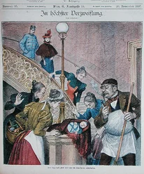 Titelblatt einer österreichischen Zeitschrift, das ein auf einer Treppe eines Wohnblocks ausgesetztes Baby zeigt, 28. November 1897