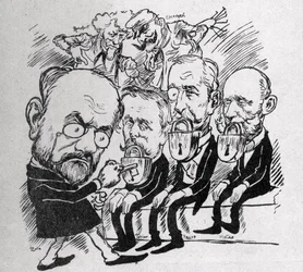 Emile Zola versucht, die Schlösser zu öffnen, die die Münder von Präsidenten Jean Casimir-Perier (1847-1907) und Felix Faure (1841-1899) sowie des Präsidenten des Rates Jules Meline (1838-1925) verschließen, während im Hintergrund Henri Rochefort (1831-191