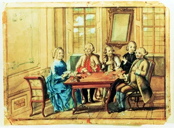 Kaiserin Maria Theresia von Österreich spielt Karten mit Feldmarschall Karoly Batthyany, Nadasky und Feldmarschall Leopold Joseph, Graf von Daun, 1751