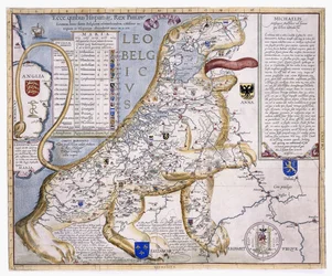 Leo Belgicus, zeigt die Niederlande in Form eines Löwen, 1586