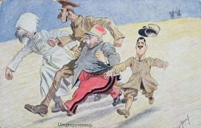 Regrouping, Russland, Großbritannien, Frankreich und Italien fliehen vor den Österreichern und Deutschen am Horizont, Postkarte aus dem Ersten Weltkrieg