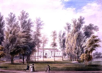 Ansicht eines Landhauses in einem Park, ca. 1815