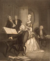 Wolfgang Amadeus Mozart begleitet Caterina Maddalena Giuseppa (Gravur)