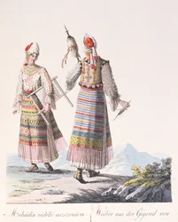 Frauen in traditioneller Kleidung der Region Mehadia, Illustration aus einem Buch Costumes de Hongrie von J.H. de Bikkesy, 1810