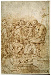 Christus mit Symbolen der Passion, begleitet von sieben Figuren, frühes 16. Jahrhundert