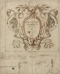 Begräbniskartusche mit Inschrift und Skizzen von Skeletten und ornamentalen Details