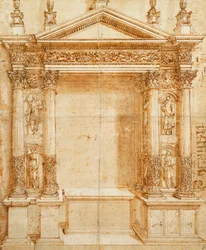 Entwurf für einen Altar mit einem Giebel-Tabernakel, unterstützt von gepaarten korinthischen Statuen von St. Lucia, St. Agnes, St. Ansanus und St. Stephan in Nischen dazwischen