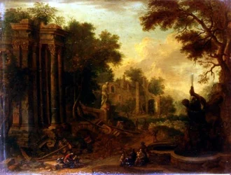 Waldlandschaft mit Reisenden, die bei klassischen Ruinen rasten (eines von einem Paar)