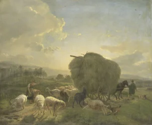 Landschaft mit Schafen und einem Heuwagen