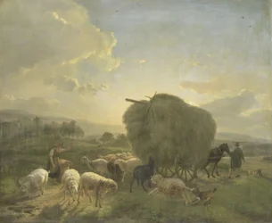 Landschaft mit Schafen und einem Heuwagen