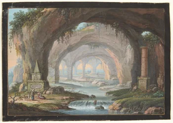 Landschaft mit durchbrochenen Grotten, Grabdenkmälern, einem Fluss und Figuren