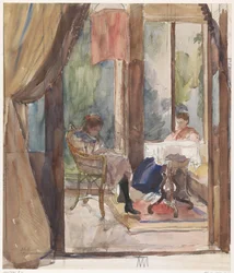 Dame und ein junges Mädchen, beide lesend im Wintergarten des Hauses an der Riouwstraat 6, Den Haag
