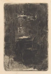 Interieur mit Spiegel und Tisch mit aufgeschlagenem Buch