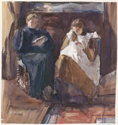 Lesende Dame und stickendes Mädchen, von vorne gesehen, im Haus an der Riouwstraat 6, Den Haag