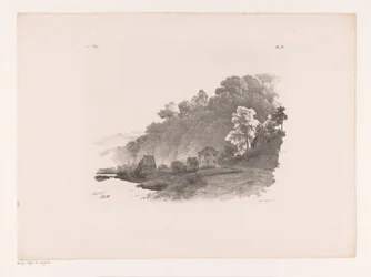 Hügellandschaft mit Fluss, Landstraße und Häusern