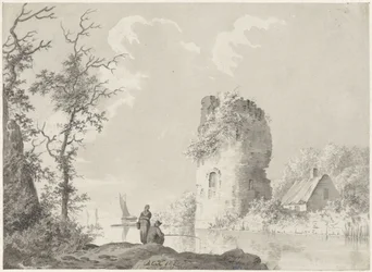 Flusslandschaft mit Turm und Angler