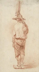 Stehender Bauer mit Rechen und Krug über der Schulter, von hinten gesehen