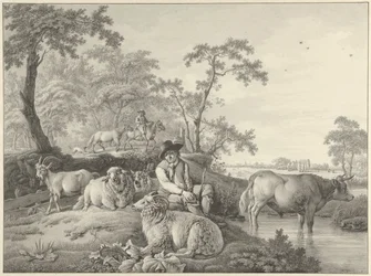 Schäfer mit Schafen, einer Ziege und einem jungen Stier in einer Landschaft