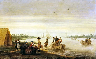 Flusslandschaft mit Fischern, die Netze einholen