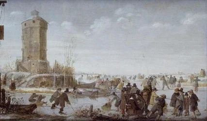 Schlittschuhläufer und elegante Figuren mit Pferdeschlitten auf einem zugefrorenen Fluss bei einem Turm