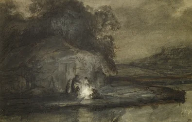 Nächtliche Landschaft mit Fluss und Hirten