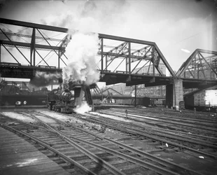 The Pennsylvania Limited kommt am Union Station an, Chicago, Illinois, USA, ca. 1900 (s/w Foto)