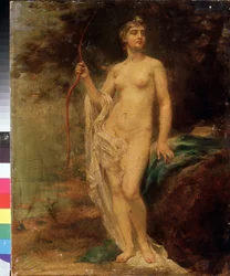Diane (Diana). Die nackte Göttin hält ihren Bogen und steht mit hochmütigem Gesicht an einem Fluss im Wald. Werk von Ernest Karlovich Liphart (1847-1932). Russische Kunst