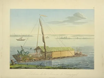 Floß auf dem Fluss Guayaquil, gezeichnet von Marchais, gestochen von Bouquet, Illustration aus „Vues des Cordillères et Monumens des Peuples Indigènes de l
