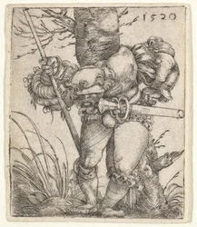 Gebückter Soldat lehnt an einem Baum, 1520