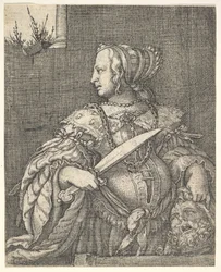 Judith, halbfigur und im Profil nach links, ein Schwert in ihrer rechten Hand und der Kopf von Holo...
