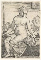 Judith, nackt sitzend, mit einem Schwert in der rechten Hand, auf den Kopf des Holofernes hinabblickend ..., 1523