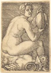 Nackte Frau auf einer Rüstung (Prudentia?)