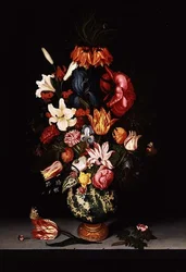 Stillleben mit Blumen auf einem Steinsims