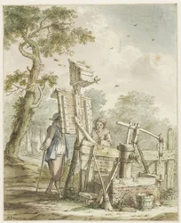 Landschaft mit zwei Männern an einem Anschlagbrett bei einer Wasserpumpe