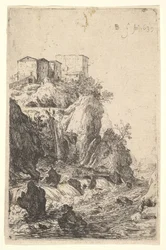 Kaskaden in der Nähe von Ponte della Trave, mit Gebäuden auf einem felsigen Vorsprung, aus der Serie, 1639