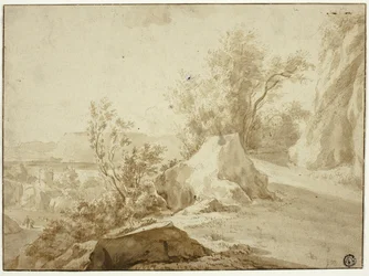 Felsen und Bergpfad, Figuren und Stadt darunter