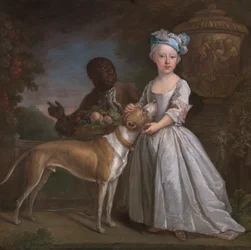 Ein junges Mädchen mit einem versklavten Diener und einem Hund