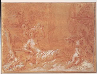 Liegende Nymphe in einem Garten mit Brunnen, Vase und drei Cupidos