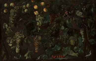 Weinreben und Früchte, mit drei Bachstelzen