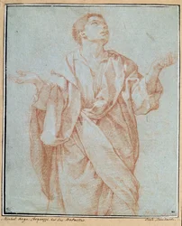 Mann in Gewändern, Arme geöffnet, Augen zum Himmel erhoben, Kopf geneigt. Zeichnung a la sanguine von Bartolomeo Cesi (1556-1620)