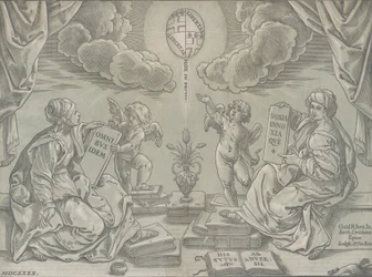 Allegorie einer These, zwei Frauen halten beschriftete Tafeln, 1640