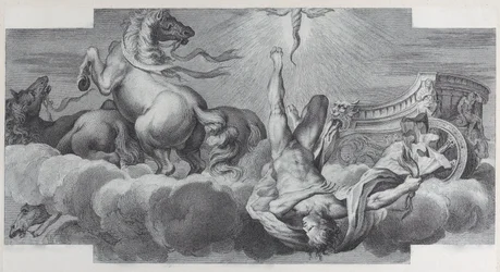 Tafel 34: Auriga, der Wagenlenker, fällt in der Mitte vom Wagen, mit drei Pferden..., 1756. Schöpfer: Bartolomeo Crivellari, Gabriel Söderling
