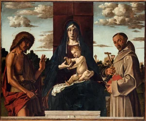 Jungfrau und Kind mit den Heiligen Franziskus und Johannes dem Täufer von Bartolomeo Montagna (1449-1523). Öl auf Holz, ca. 1485, Fondazione Cini, Venedig