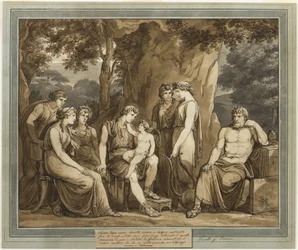 Kalypso beobachtet Telemach mit Amor auf seinem Knie, während Mentor wütend zusieht, aus Die Abenteuer des Telemach, Buch 7