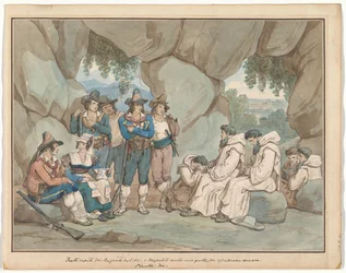 „Mönche“, von Briganten gefangen genommen und in einer Grotte festgehalten, Illustration für Römische Trachten und Bräuche