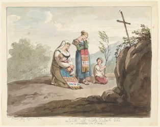 Bäuerin mit ihren weinenden Kindern vor der Grabstätte mit einem Kreuz, Illustration für Römische Kostüme und Bräuche