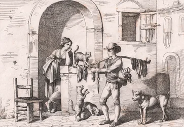 Der Carnacciaro, Straßenverkäufer von Katzenfleisch, Radierung von Bartolomeo Pinelli (Rom)