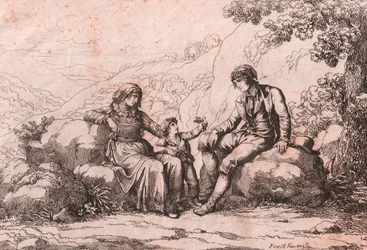 Zwei Bürgerliche mit einem Baby, Schiavi, Abruzzen, Radierung von Bartolomeo Pinelli (Rom)