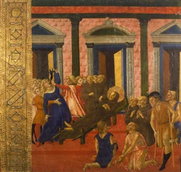 San Bernardino exorziert eine besessene Frau, von Neroccio di Bartolomeo (1447-1500), Gemälde, Palazzo Pubblico, Siena, Italien